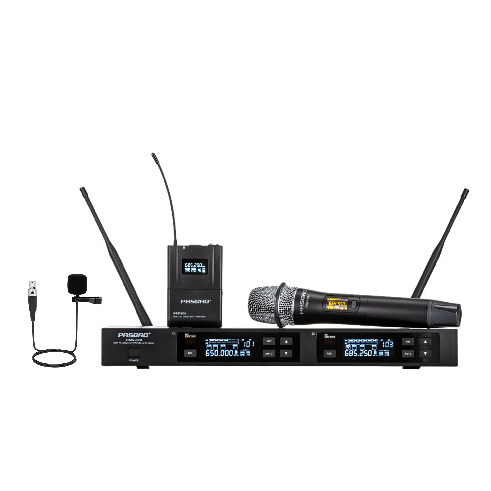 Pasgao PAW-920 Rx_PAH-801 TxH_PBT-801 TxB Двухканальная радиосистема с ручным и поясным передатчикам
