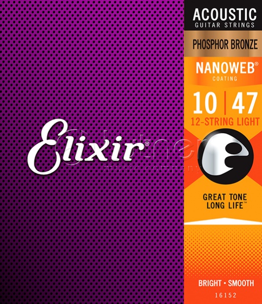 Elixir 16152 NANOWEB Комплект струн для 12-струнной акустической гитары, Light, фосф.бронза, 10-47