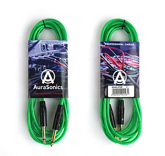 AuraSonics J63J63-3TGR гитарный кабель Jack TS 6.3мм - Jack TS 6.3мм 3м, прозрачный зеленый, до 50Вт
