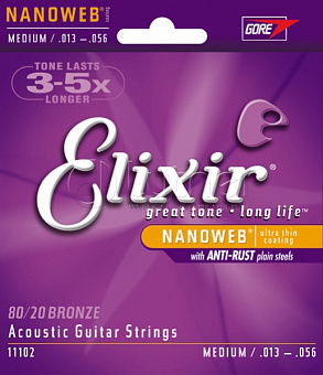 Elixir 11102 NANOWEB Комплект струн для акустической гитары, Medium, бронза 80/20, 13-56