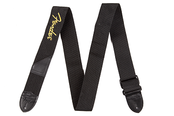 FENDER BLACK STRAP/YELLOW LOGO ремень для гитары, черный цвет, желтый логотип