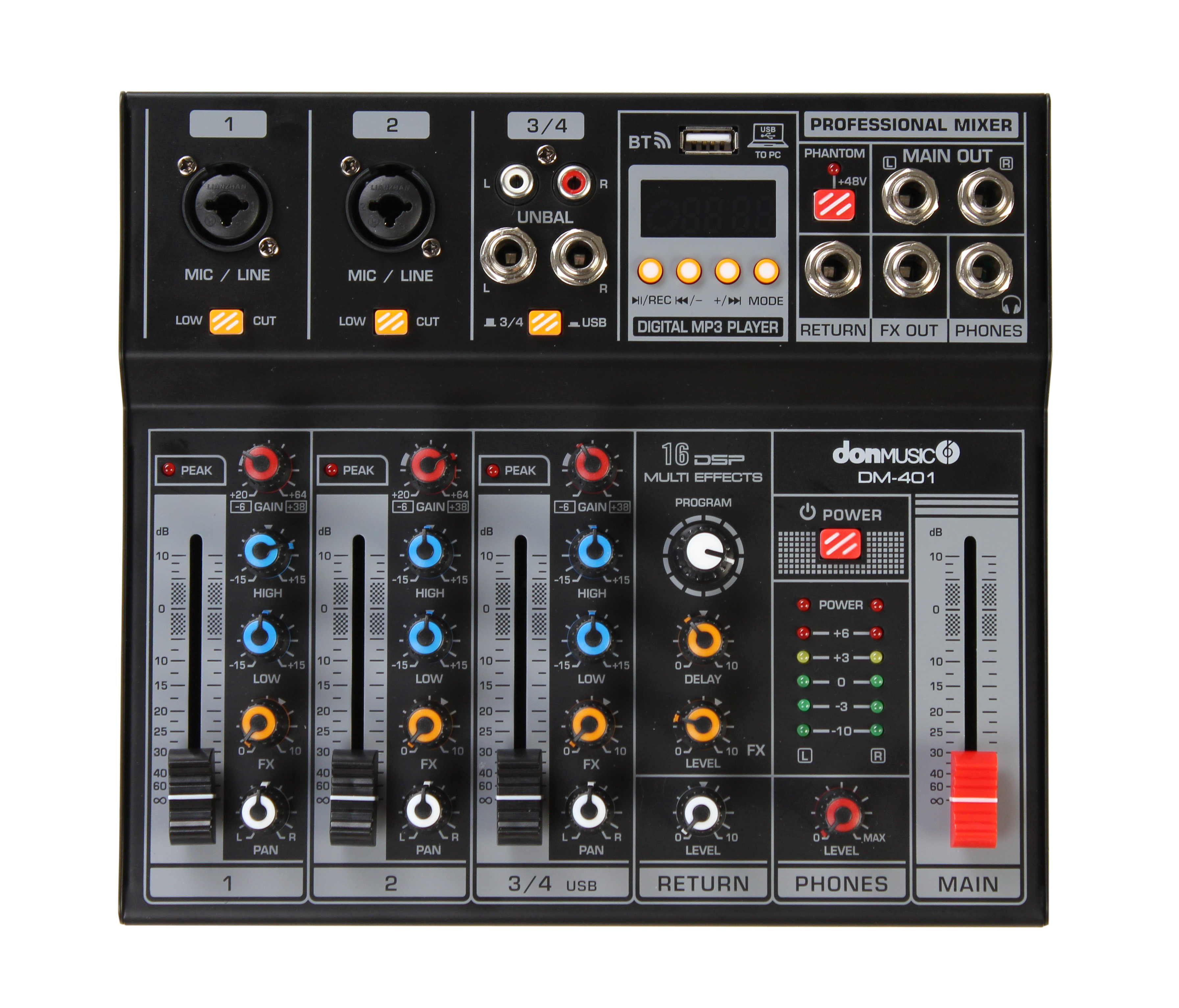 Don Music DM-401 - микшерный пульт: 2 мик/моно канала, 1 стерео/USB канал, регуляторы ВЧ и НЧ, MP3