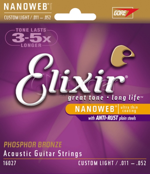 Elixir 16027 NANOWEB Комплект струн для акустической гитары, Custom Light, фосфорная бронза, 11-52