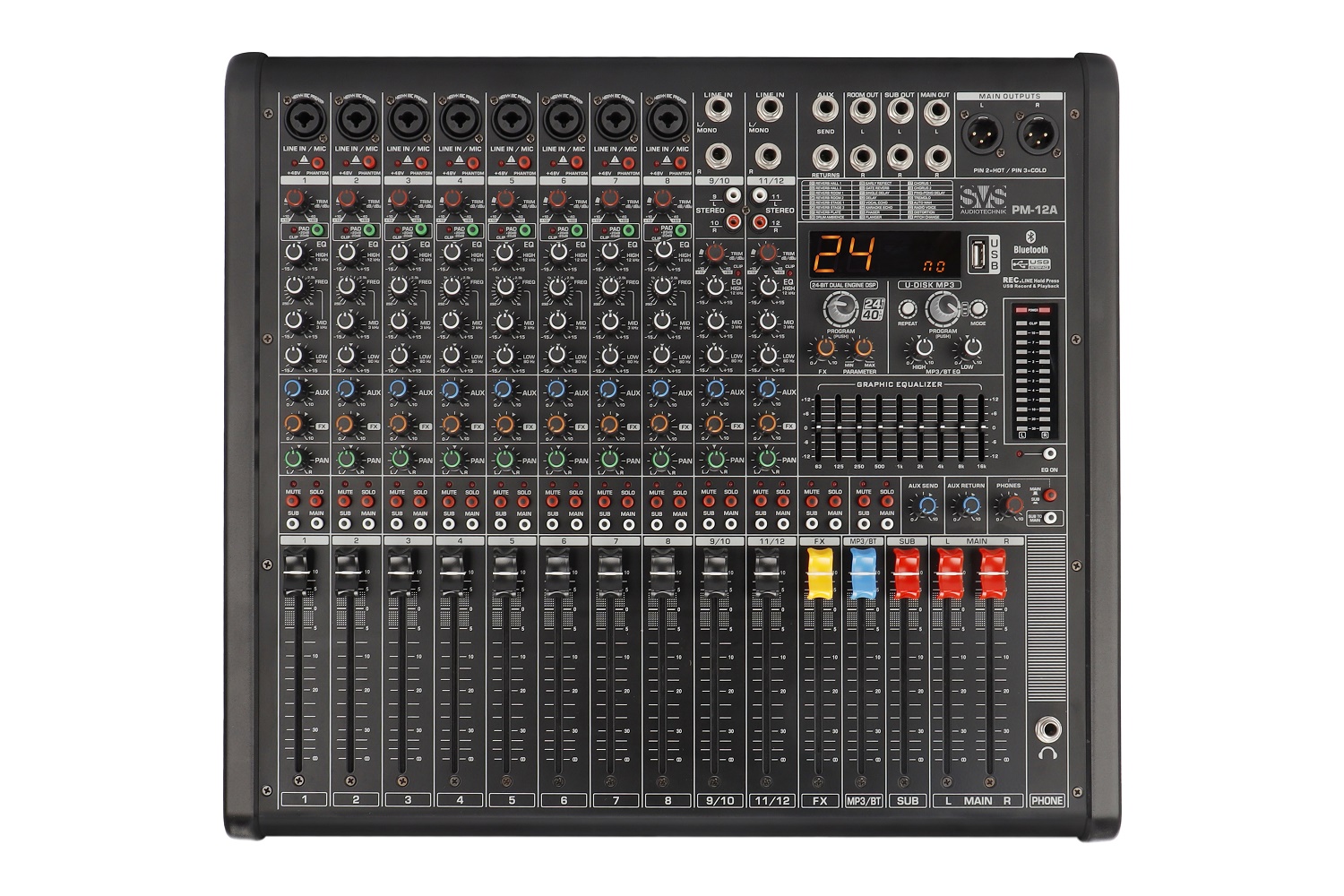 SVS Audiotechnik mixers PM-12A - активный микшерный пульт, 8 моно, 2 стерео, мощность: 2x650 Вт/4 Ом