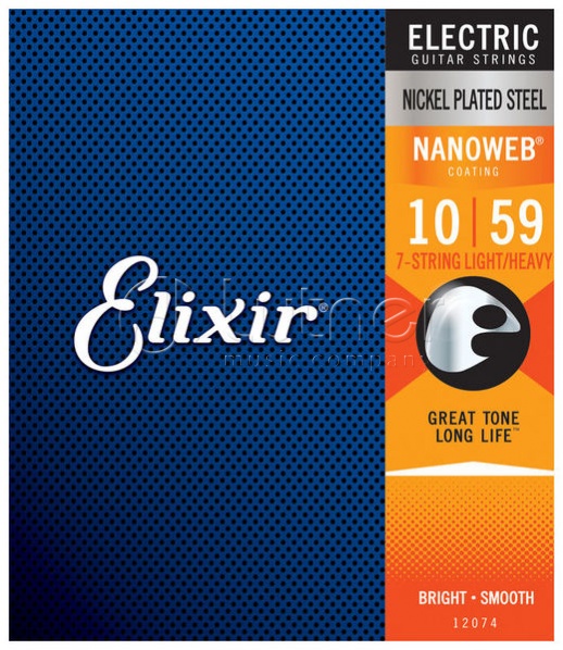 Elixir 12074 NANOWEB Комплект струн для 7-струнной электрогитары, никелир. сталь, Light/Heavy 10-59