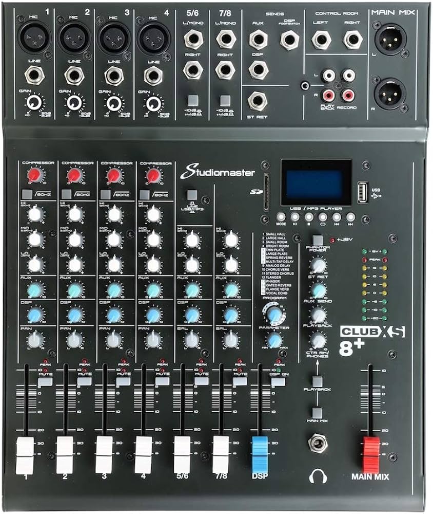 STUDIOMASTER CLUB XS8+ - компактный микшер, 4 микрофонных, 2 стерео входа, 3-х полосный эквалайзер
