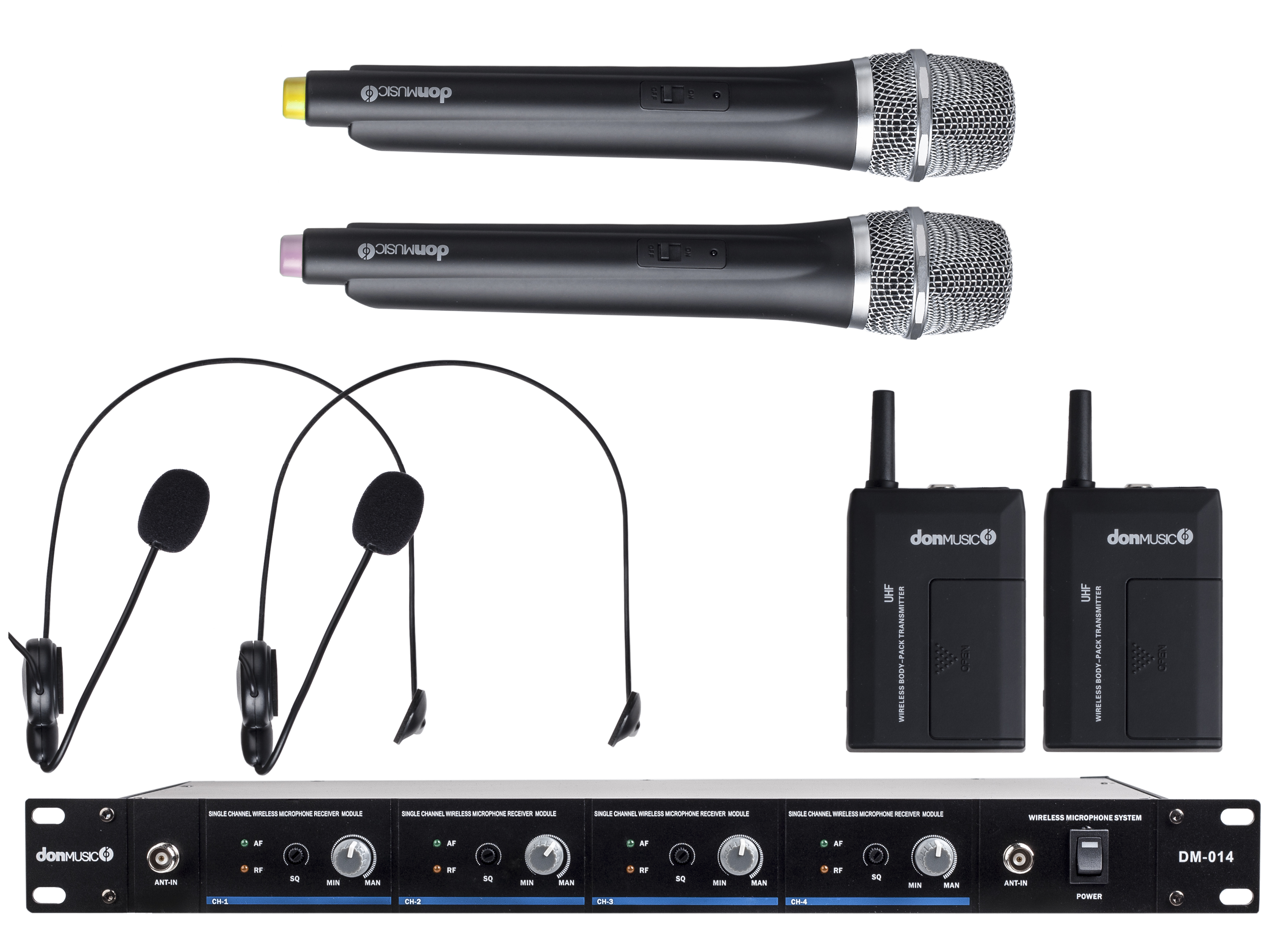 Don Music DM-014HB 4-х канальная радиосистема с двумя ручными и двумя головными микрофонами. UHF 600