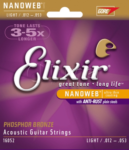 Elixir 16052 NANOWEB Комплект струн для акустической гитары, Light, фосфорная бронза, 12-53