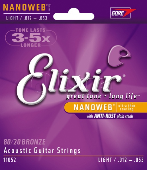 Elixir 11052 NANOWEB Комплект струн для акустической гитары, Light, бронза 80/20, 12-53