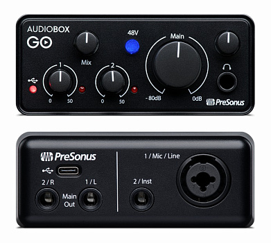 PreSonus AUDIOBOX GO аудио интерфейс, USB 2.0, 2вх/2 вых канала, 1мик,1инстр, 24бит/44-96кГц