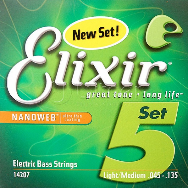 Elixir 14207 NANOWEB Комплект струн для 5-струнной бас-гитары, никелированные, Light/Medium, 45-135