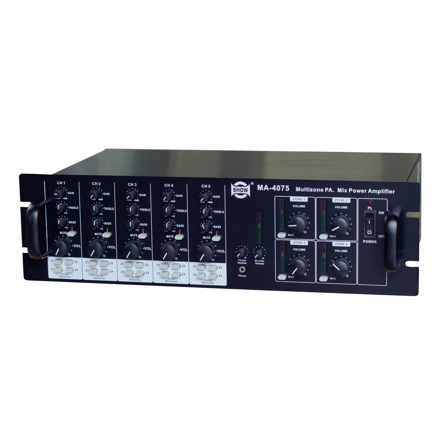 Show MA-4075 - трансляционный усилитель мощности 4 канала по 40 Вт , 4 зоны, 50/700/100V , 4-8 Om