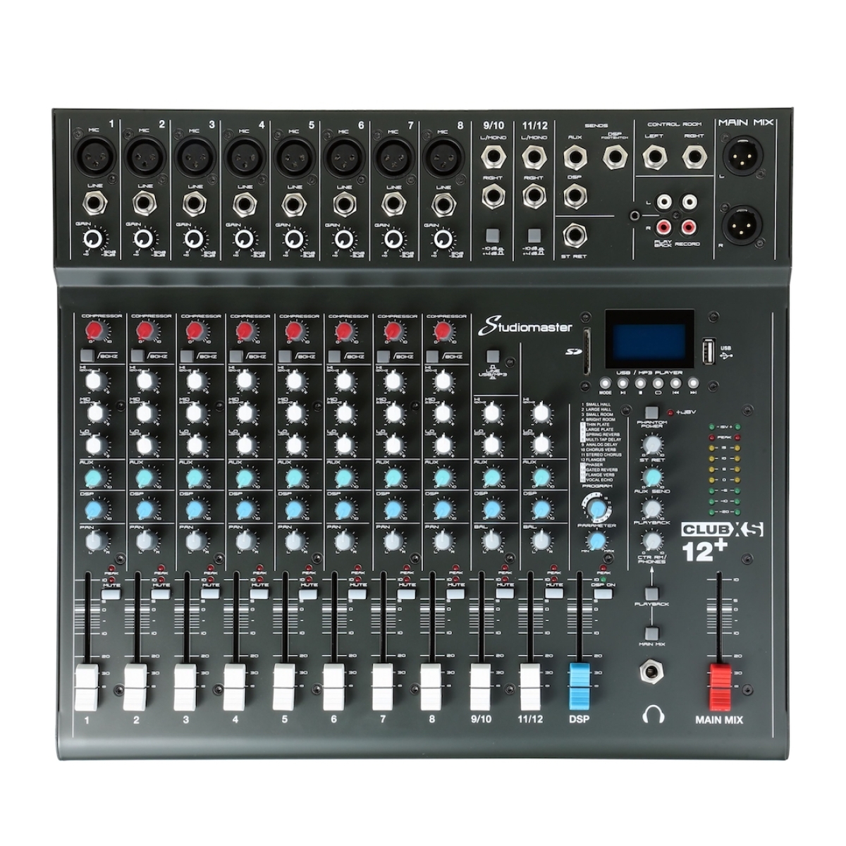 STUDIOMASTER CLUB XS12+ - компактный микшер, 8 микрофонных, 2 стерео входа, 3-х полосный зквалайзер