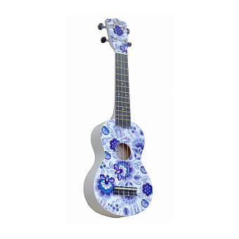 WIKI UK/RUS/GZHEL- гитара укулеле, сопрано, липа, рисунок "ГЖЕЛЬ", чехол в комплекте