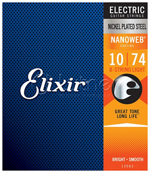 Elixir 12062 NANOWEB Комплект струн для 8-струнной электрогитары, никелированная сталь, Light 10-74