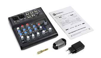 AuraSonics K4 - компактный микшерный пульт 2 мик.+1 лин.стерео+FXстерео+дополнительный стереоканал с