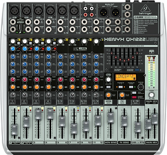 Behringer QX1222USB - микшер, 16 каналов, USB/аудио интерфейс, мик предусил и компр, 7 EQ, Multi FX